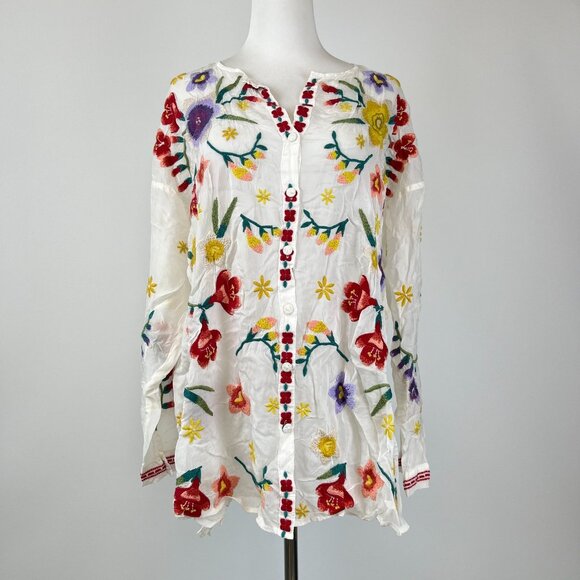 NWOT Johnny Was Texa Embroidered Floral Top Button-Down Tunic Shirt Blouse Sz S - Picture 2 of 15